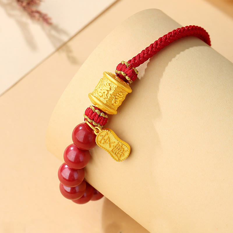 999 Sterling Silver Six True Words Om Mani Padme Hum Cinnabar Blessing String Bracelet