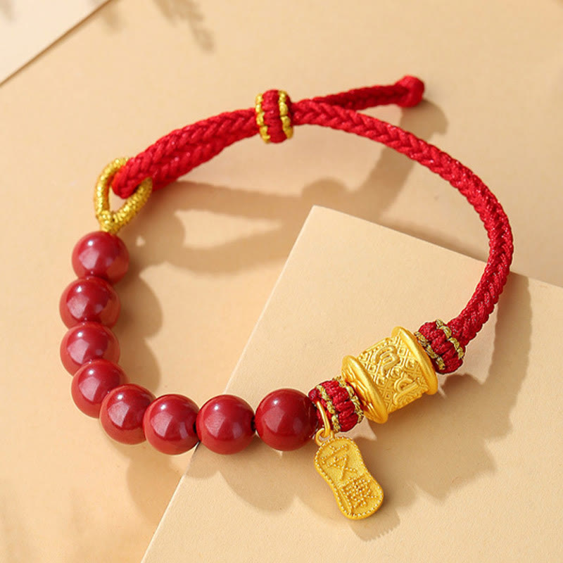 999 Sterling Silver Six True Words Om Mani Padme Hum Cinnabar Blessing String Bracelet