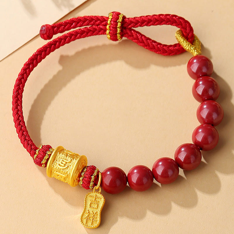 999 Sterling Silver Six True Words Om Mani Padme Hum Cinnabar Blessing String Bracelet