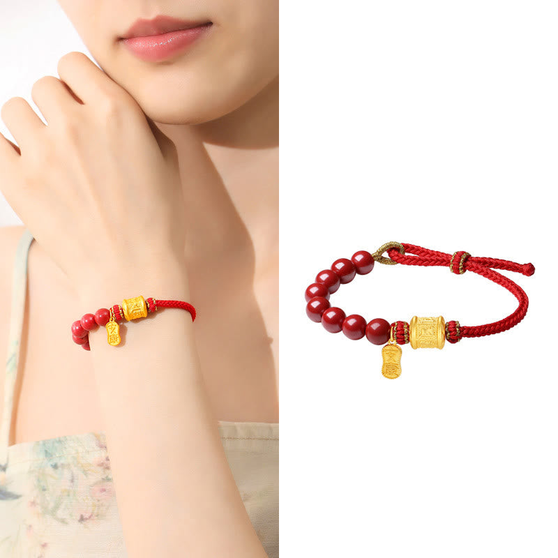 999 Sterling Silver Six True Words Om Mani Padme Hum Cinnabar Blessing String Bracelet