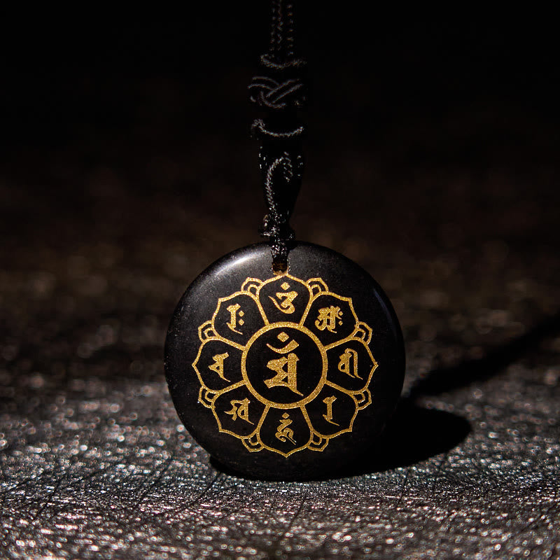Om Mani Padme Hum Natural Various Crystal Black Obsidian Strength Necklace Pendant