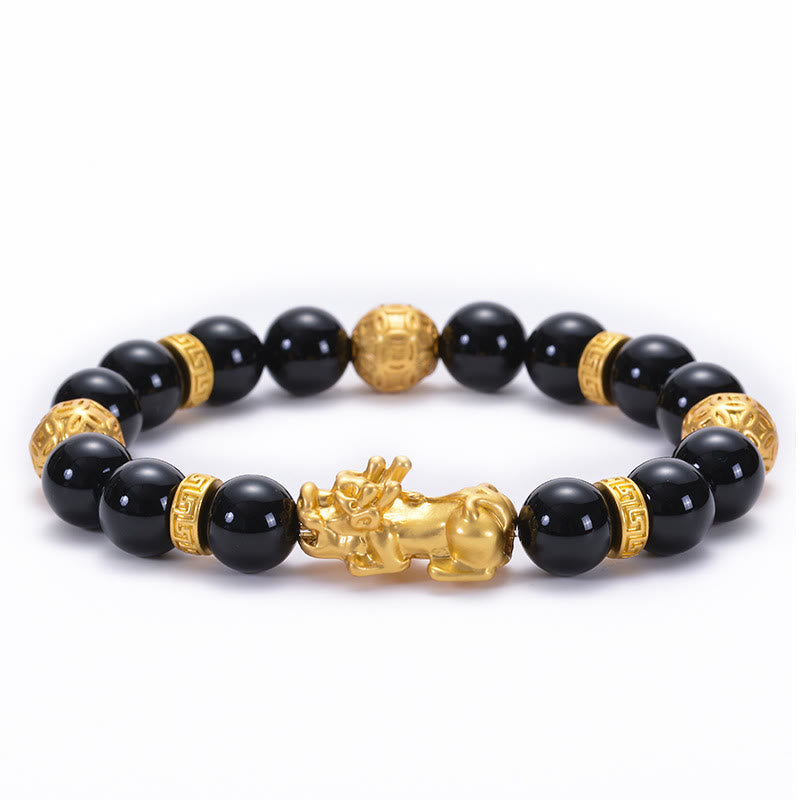 Black Obsidian Black Onyx Alloy PiXiu Om Mani Padme Hum Strength Bracelet