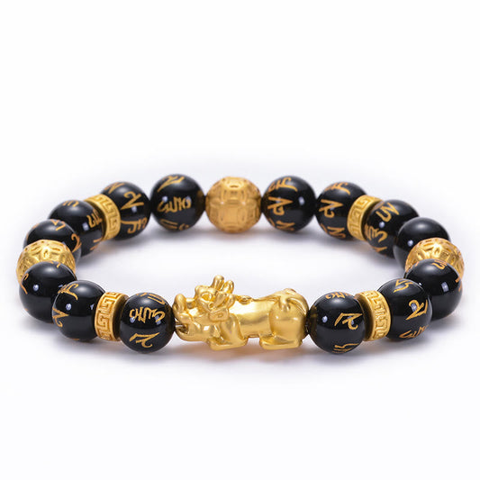 Black Obsidian Black Onyx Alloy PiXiu Om Mani Padme Hum Strength Bracelet