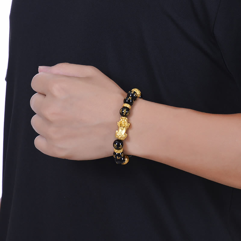Black Obsidian Black Onyx Alloy PiXiu Om Mani Padme Hum Strength Bracelet