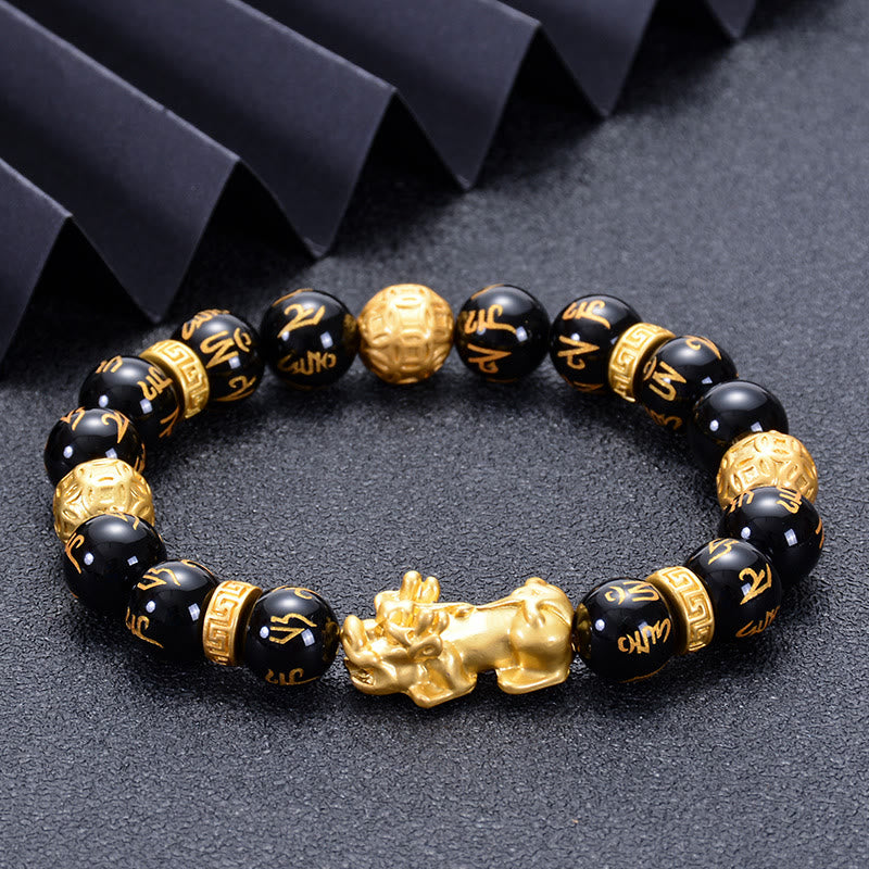 Black Obsidian Black Onyx Alloy PiXiu Om Mani Padme Hum Strength Bracelet