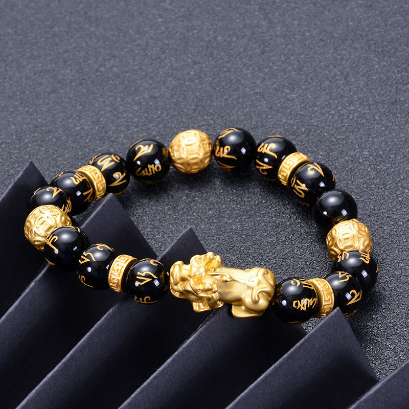 Black Obsidian Black Onyx Alloy PiXiu Om Mani Padme Hum Strength Bracelet