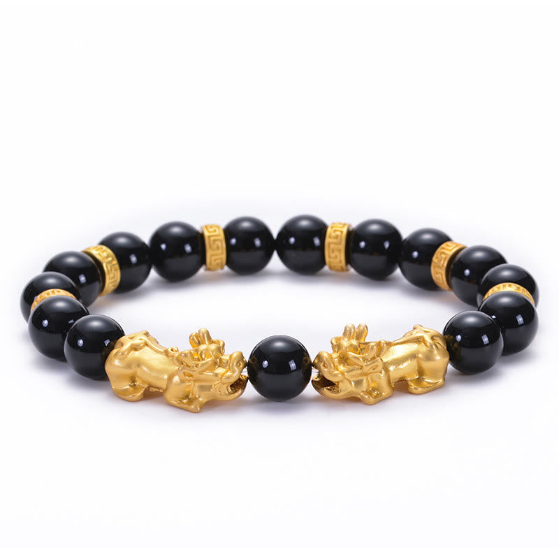 Black Obsidian Black Onyx Golden Alloy Two PiXiu Om Mani Padme Hum Strength Bracelet