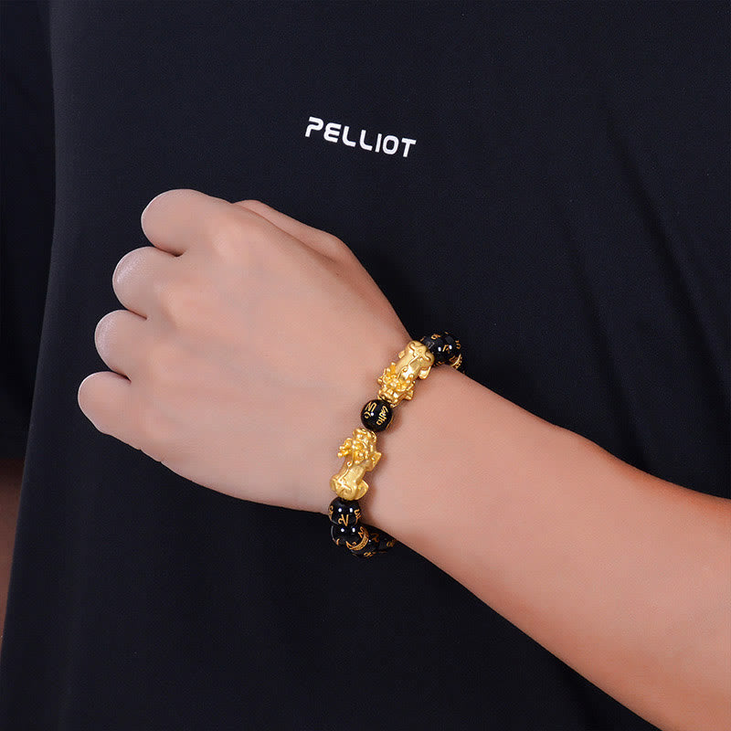 Black Obsidian Black Onyx Golden Alloy Two PiXiu Om Mani Padme Hum Strength Bracelet