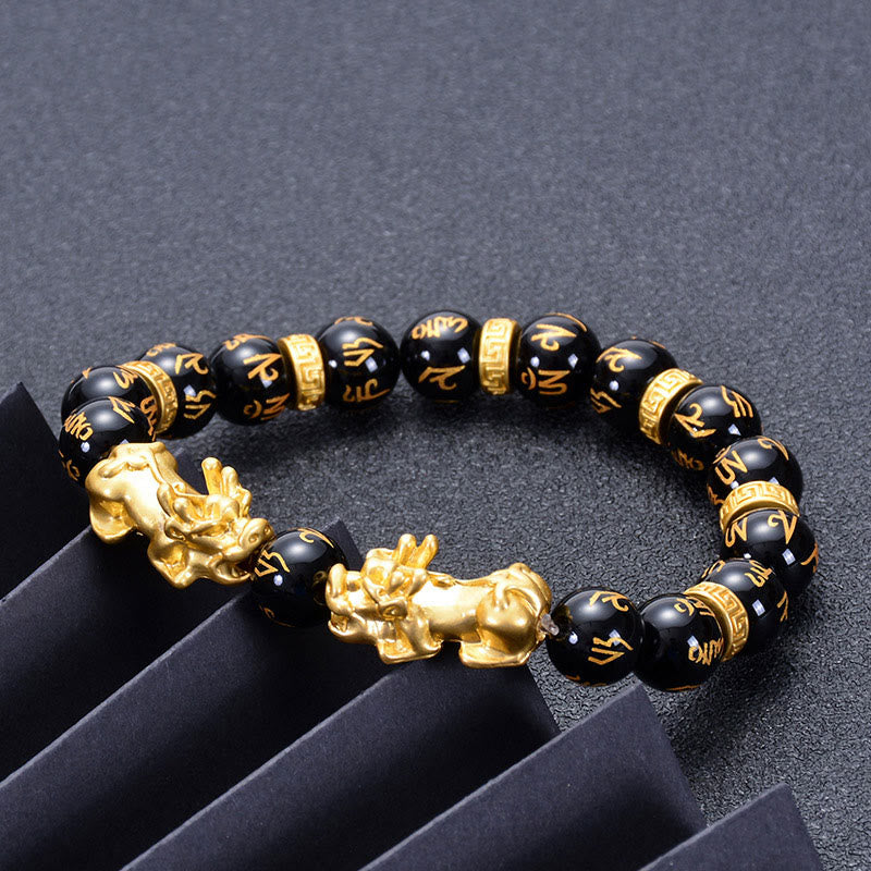Black Obsidian Black Onyx Golden Alloy Two PiXiu Om Mani Padme Hum Strength Bracelet