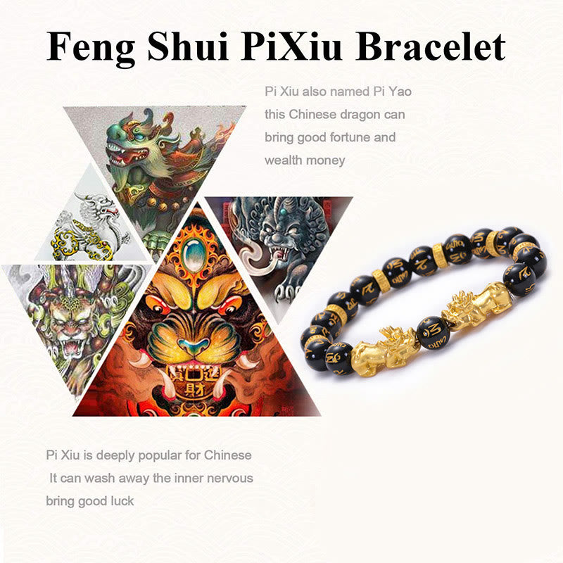 Black Obsidian Black Onyx Golden Alloy Two PiXiu Om Mani Padme Hum Strength Bracelet