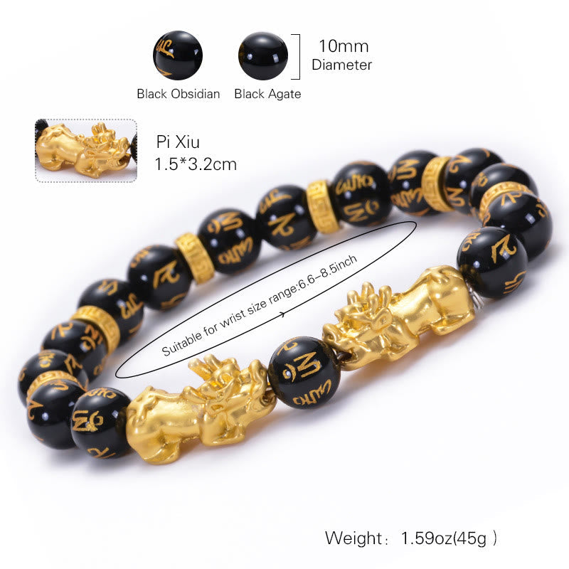 Black Obsidian Black Onyx Golden Alloy Two PiXiu Om Mani Padme Hum Strength Bracelet