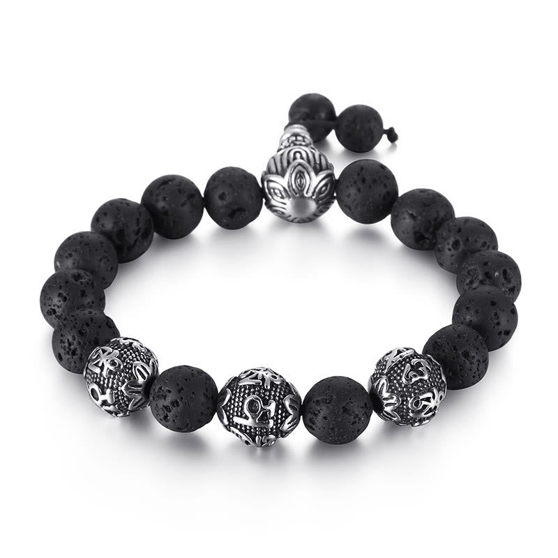 Natural Tiger Eye Lava Rock Black Obsidian Titanium Steel Six-True-Words Om Mani Padme Hum Protection Bracelet