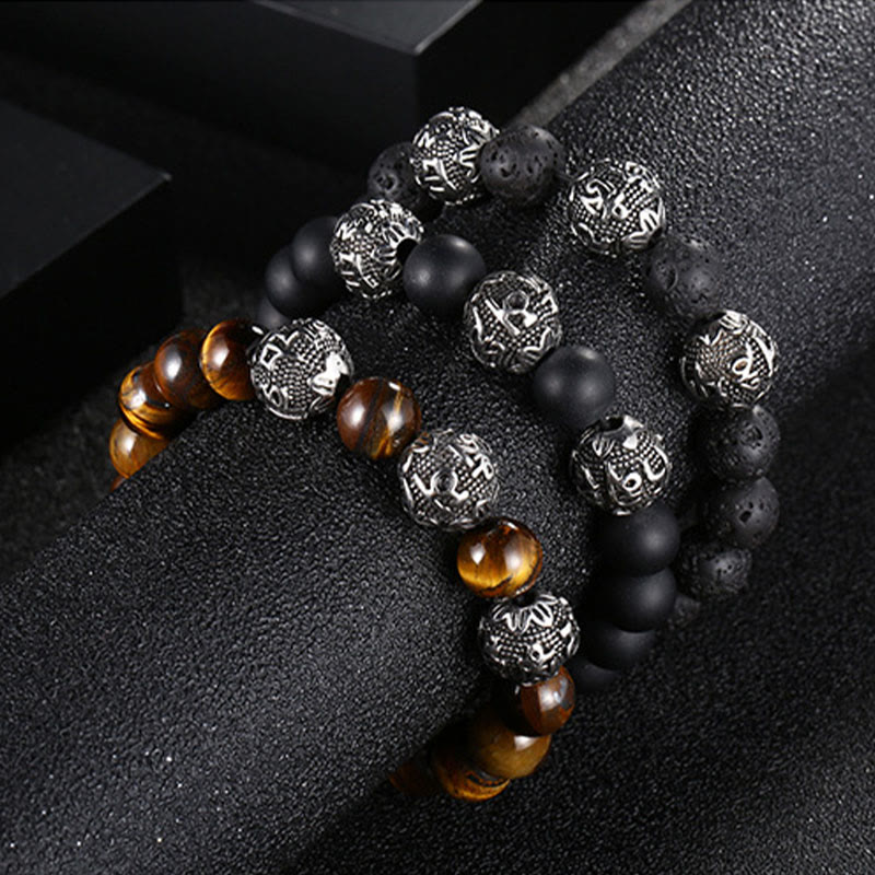 Natural Tiger Eye Lava Rock Black Obsidian Titanium Steel Six-True-Words Om Mani Padme Hum Protection Bracelet