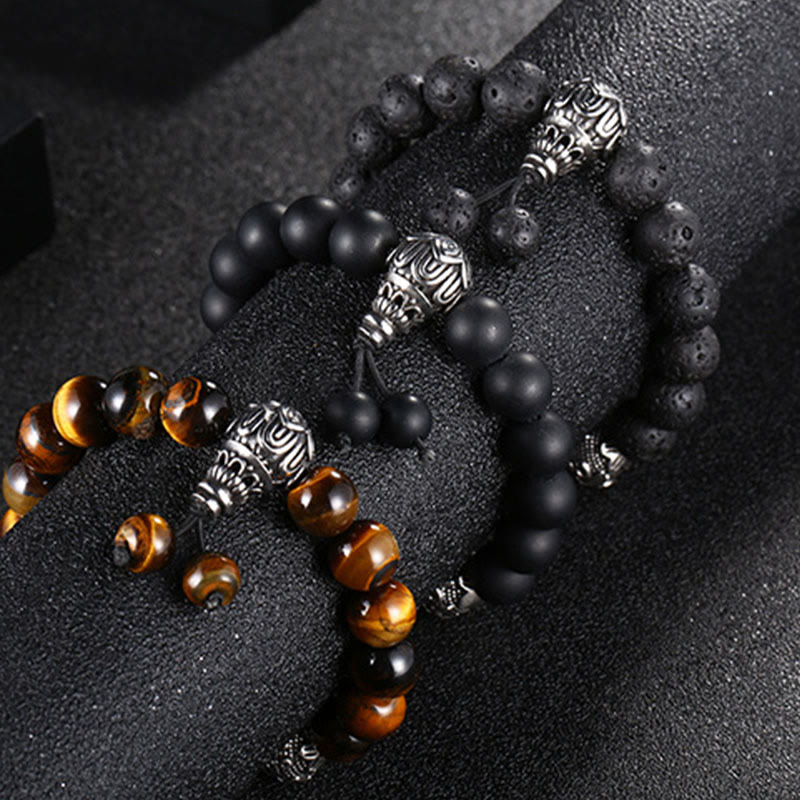 Natural Tiger Eye Lava Rock Black Obsidian Titanium Steel Six-True-Words Om Mani Padme Hum Protection Bracelet