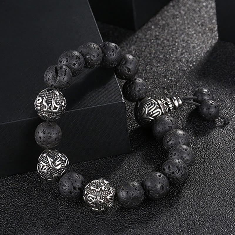 Natural Tiger Eye Lava Rock Black Obsidian Titanium Steel Six-True-Words Om Mani Padme Hum Protection Bracelet