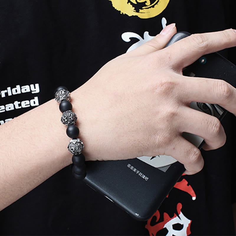 Natural Tiger Eye Lava Rock Black Obsidian Titanium Steel Six-True-Words Om Mani Padme Hum Protection Bracelet