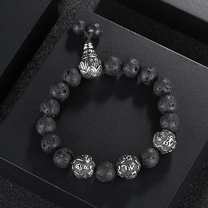 Natural Tiger Eye Lava Rock Black Obsidian Titanium Steel Six-True-Words Om Mani Padme Hum Protection Bracelet