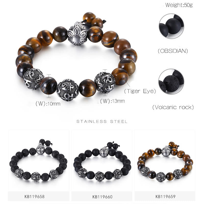 Natural Tiger Eye Lava Rock Black Obsidian Titanium Steel Six-True-Words Om Mani Padme Hum Protection Bracelet