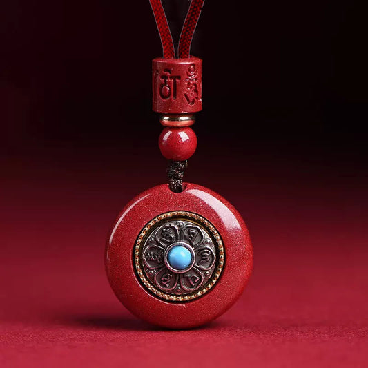 Natural Cinnabar Six True Words 'Om Mani Padme Hum' Braided String Blessing Key Chain Necklace Pendant