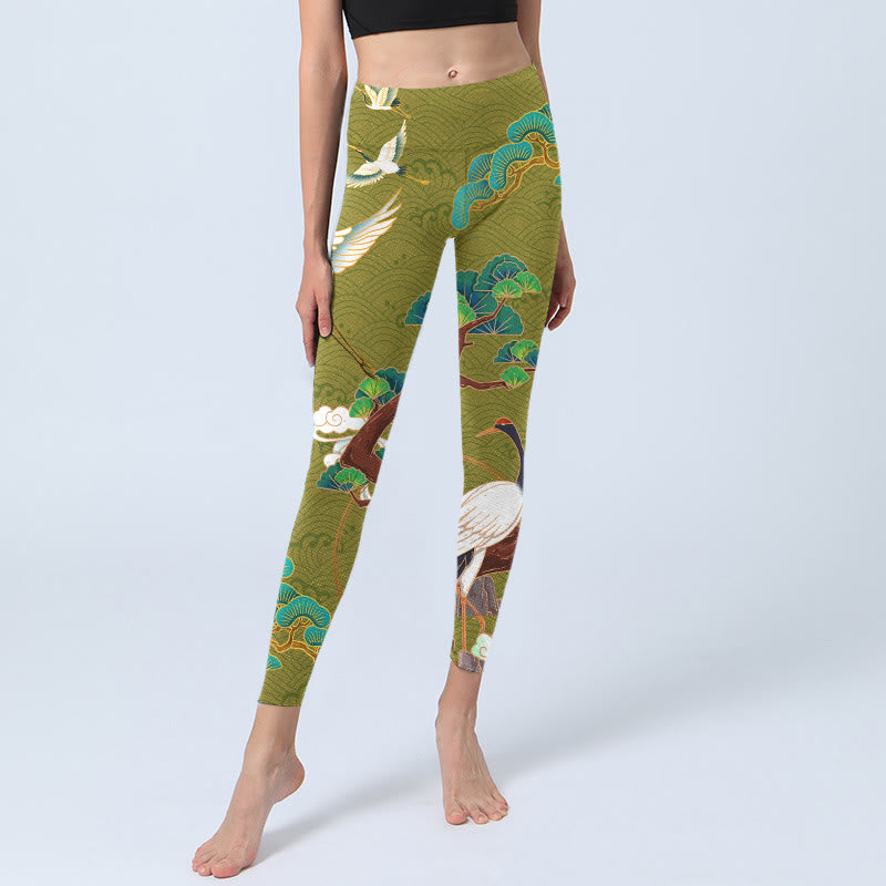 Flying Cranes Auspicious Clouds Trees Print Gym Leggings Women's Yoga Pants