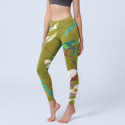 Flying Cranes Auspicious Clouds Trees Print Gym Leggings Women's Yoga Pants