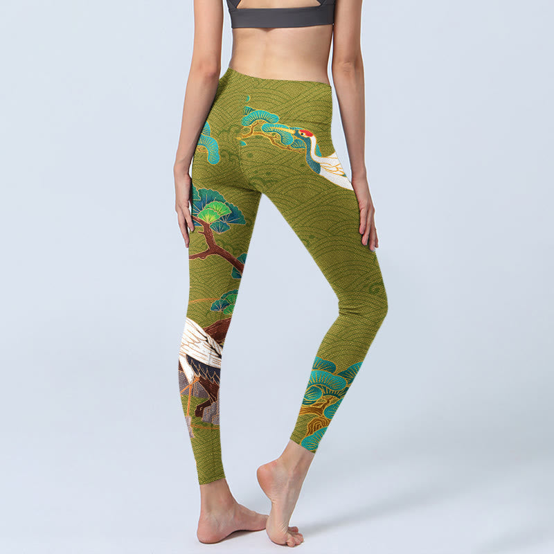 Flying Cranes Auspicious Clouds Trees Print Gym Leggings Women's Yoga Pants