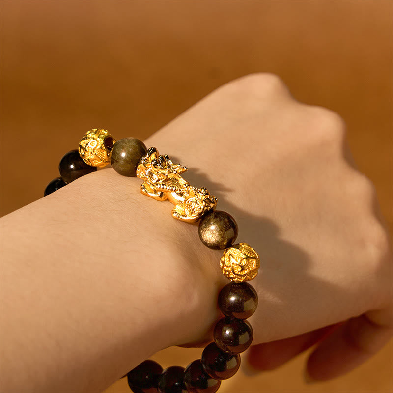 Natural Gold Sheen Obsidian PiXiu Om Mani Padme Hum Wealth Bracelet