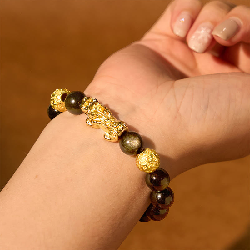 Natural Gold Sheen Obsidian PiXiu Om Mani Padme Hum Wealth Bracelet