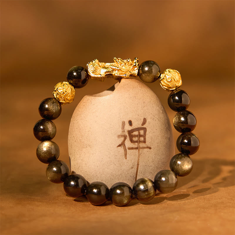 Natural Gold Sheen Obsidian PiXiu Om Mani Padme Hum Wealth Bracelet