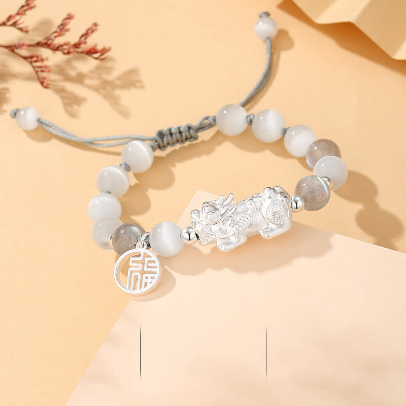 Pi Xiu Six True Words 999 Sterling Silver Black Obsidian White Turquoise Chrysoberyl Luck Bracelet