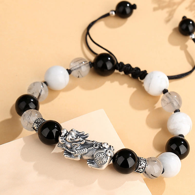 Pi Xiu Six True Words 999 Sterling Silver Black Obsidian White Turquoise Chrysoberyl Luck Bracelet