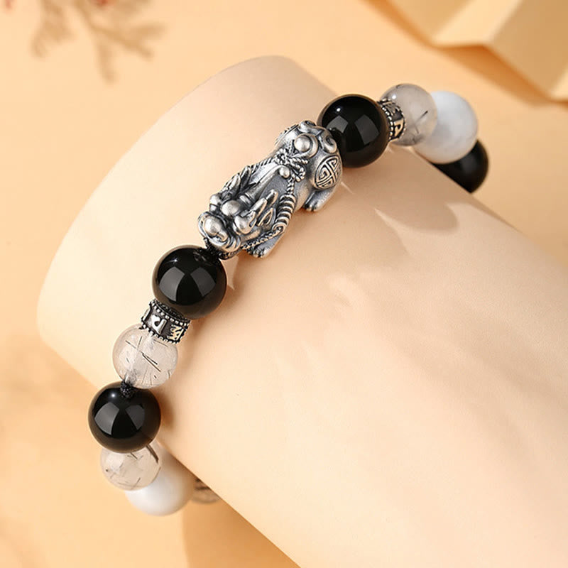 Pi Xiu Six True Words 999 Sterling Silver Black Obsidian White Turquoise Chrysoberyl Luck Bracelet