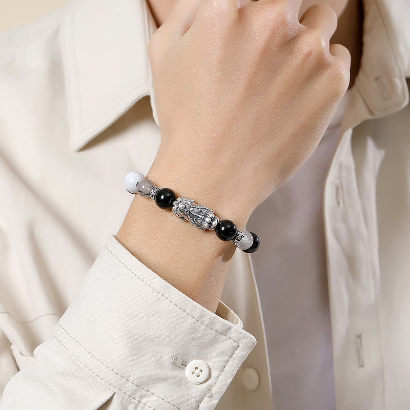 Pi Xiu Six True Words 999 Sterling Silver Black Obsidian White Turquoise Chrysoberyl Luck Bracelet