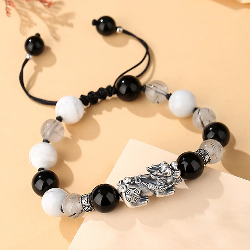 Pi Xiu Six True Words 999 Sterling Silver Black Obsidian White Turquoise Chrysoberyl Luck Bracelet