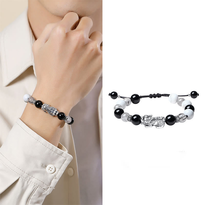 Pi Xiu Six True Words 999 Sterling Silver Black Obsidian White Turquoise Chrysoberyl Luck Bracelet