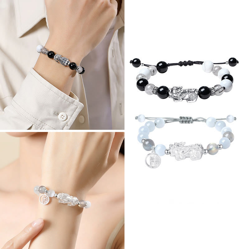 Pi Xiu Six True Words 999 Sterling Silver Black Obsidian White Turquoise Chrysoberyl Luck Bracelet