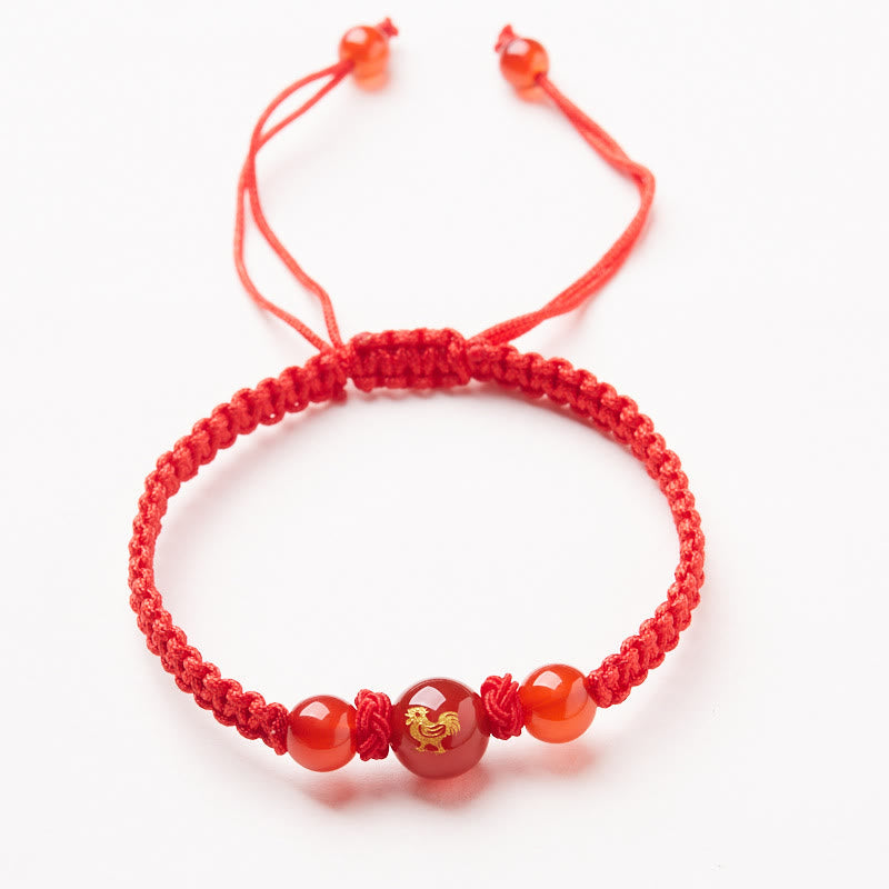 Natural Red Agate Chinese Zodiac Red String Braided Protection Luck Bracelet