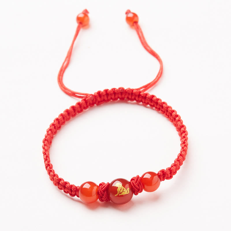 Natural Red Agate Chinese Zodiac Red String Braided Protection Luck Bracelet