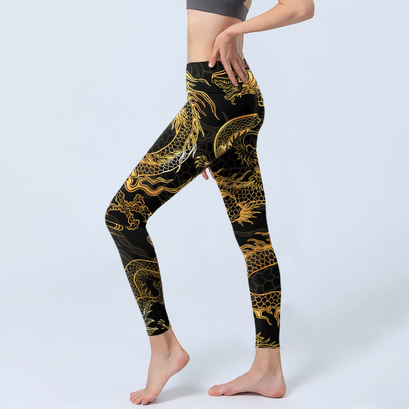 Golden Dragon Print Gym Leggings Women's Yoga Pants