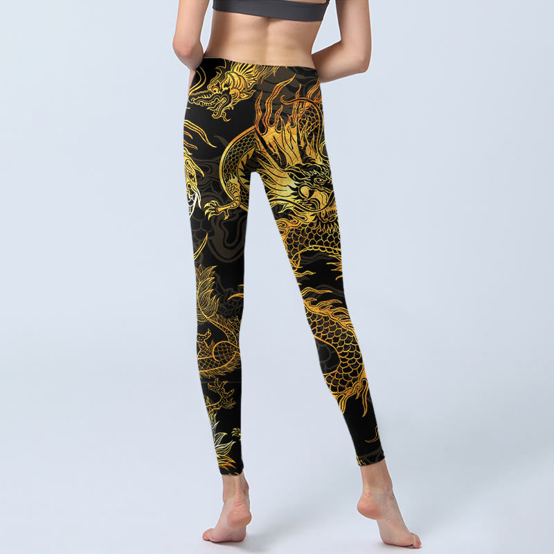 Golden Dragon Print Gym Leggings Women's Yoga Pants