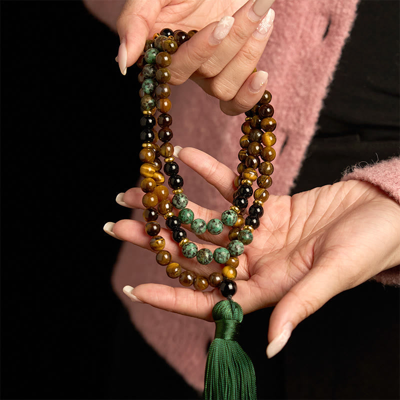 108 Mala Natural Stone Tiger Eye Turquoise Beads Tassel Protection Bracelet