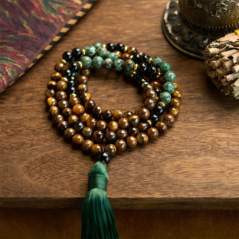 108 Mala Natural Stone Tiger Eye Turquoise Beads Tassel Protection Bracelet