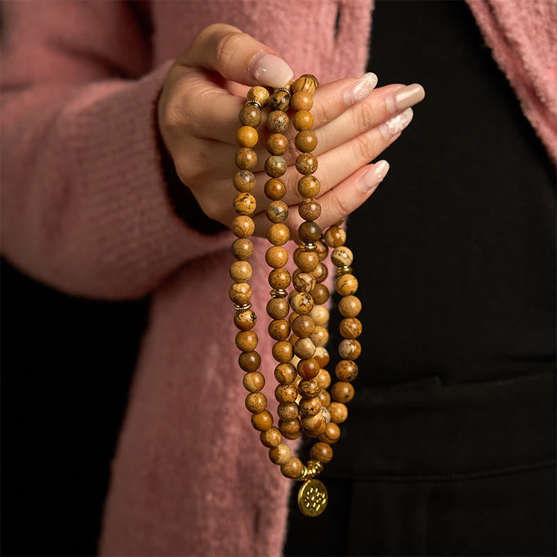 108 Beads Picture Jasper Mala Lotus Courage Bracelet