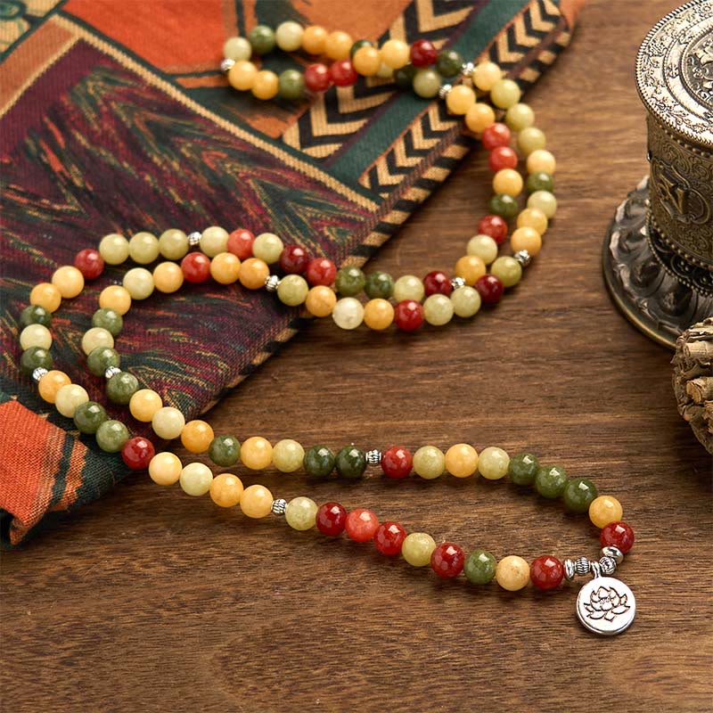 108 Mala Beads Natural Colored Stone Topaz Red Jasper Green Jasper Lotus Protection Bracelet