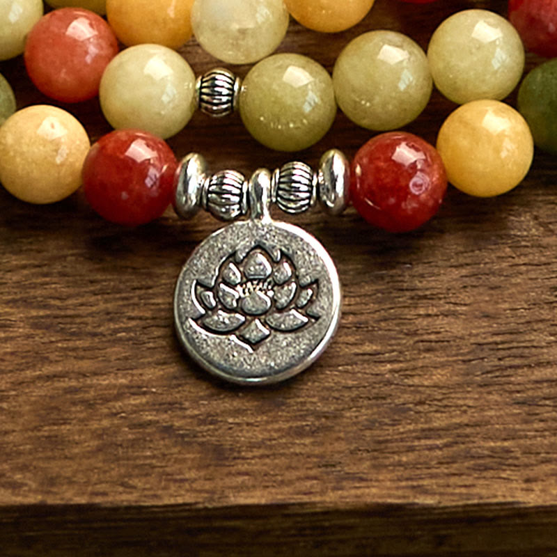 108 Mala Beads Natural Colored Stone Topaz Red Jasper Green Jasper Lotus Protection Bracelet