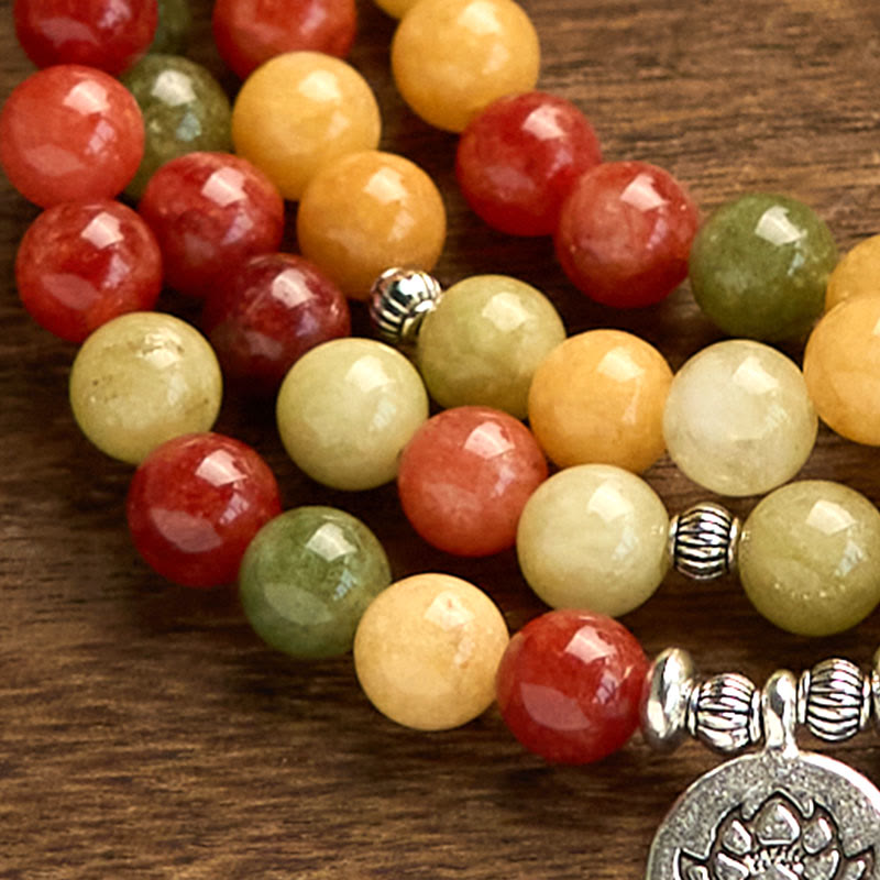 108 Mala Beads Natural Colored Stone Topaz Red Jasper Green Jasper Lotus Protection Bracelet