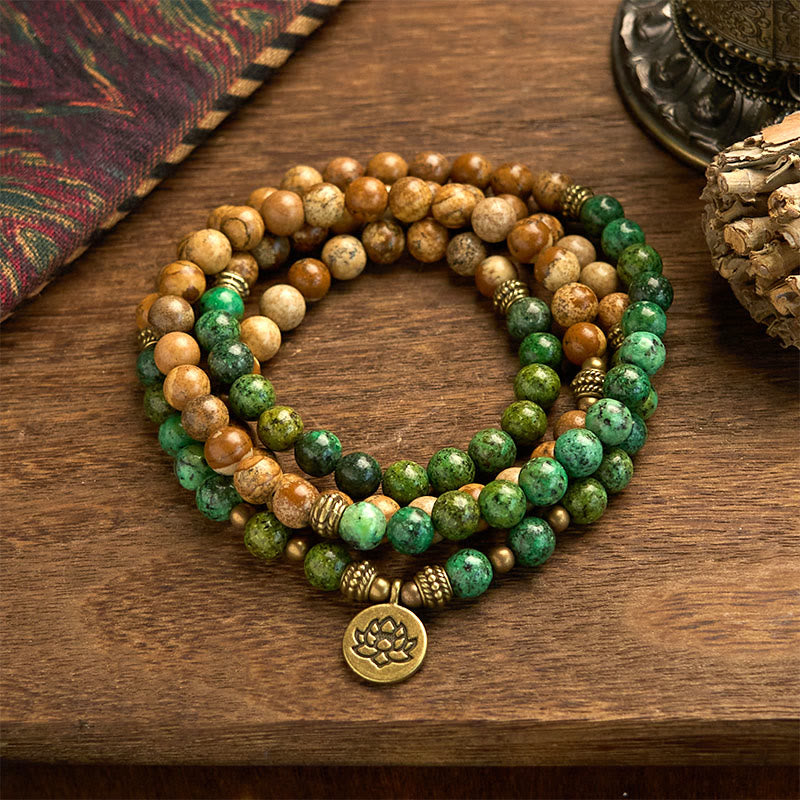108 Mala Beads Natural Stone Picture Jasper Turquoise Lotus Positive Bracelet