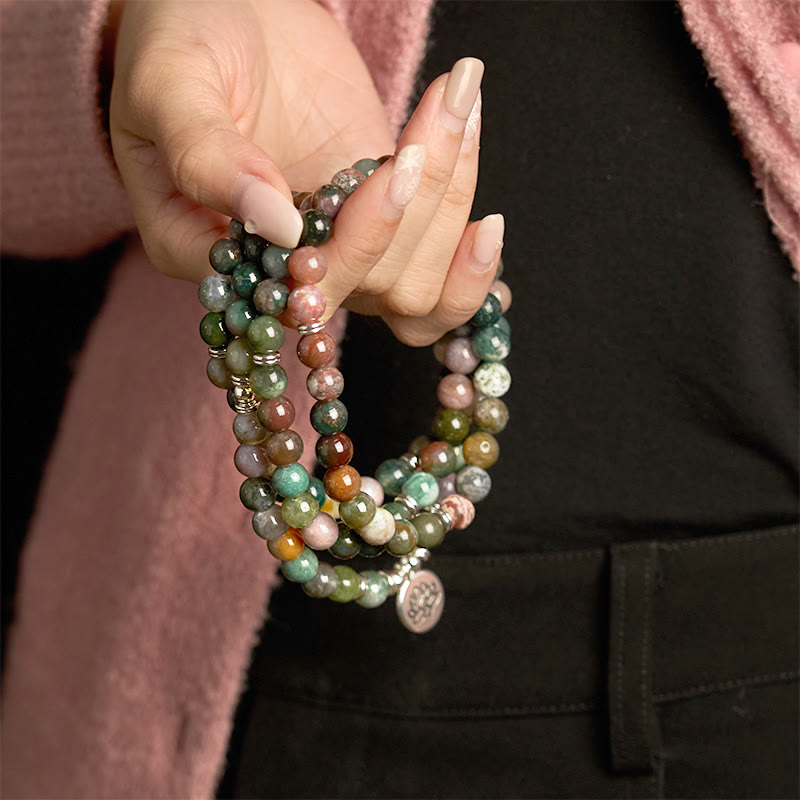 108 Mala Beads Natural Stone Indian Agate Lotus Calm Bracelet