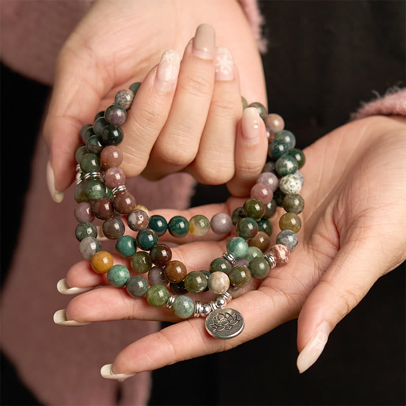 108 Mala Beads Natural Stone Indian Agate Lotus Calm Bracelet