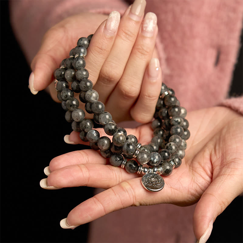 108 Mala Beads Multi-layer Natural Black Glitter Stone Lotus Positivity Bracelet